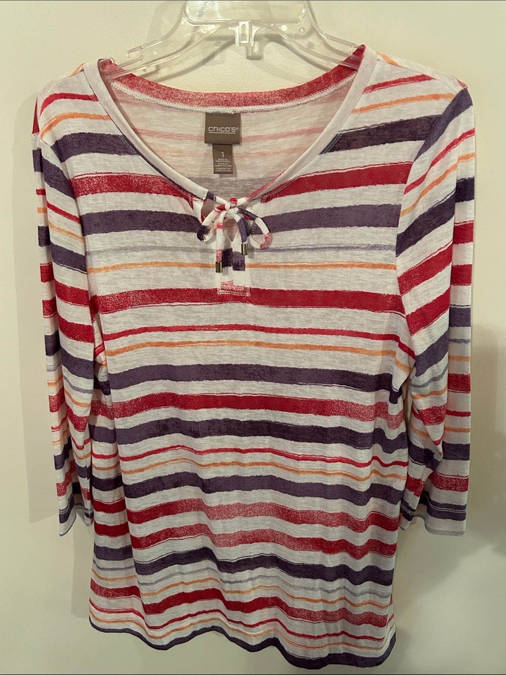 Chico's Striped Tie-Front Long Sleeve Top in White, Red, Purple & Orange